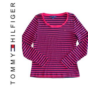 Tommy Hilfiger Red & Navy 100% CottonStriped Long Sleeve Tee